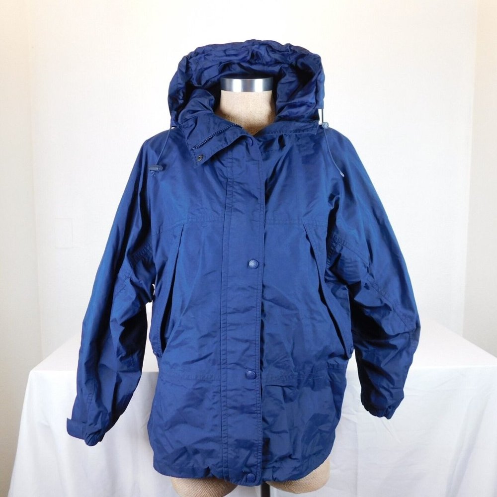Eddie Bauer Women Blue Rain Jacket Hooded Full Zip Drawstring Size S Gore-Tex